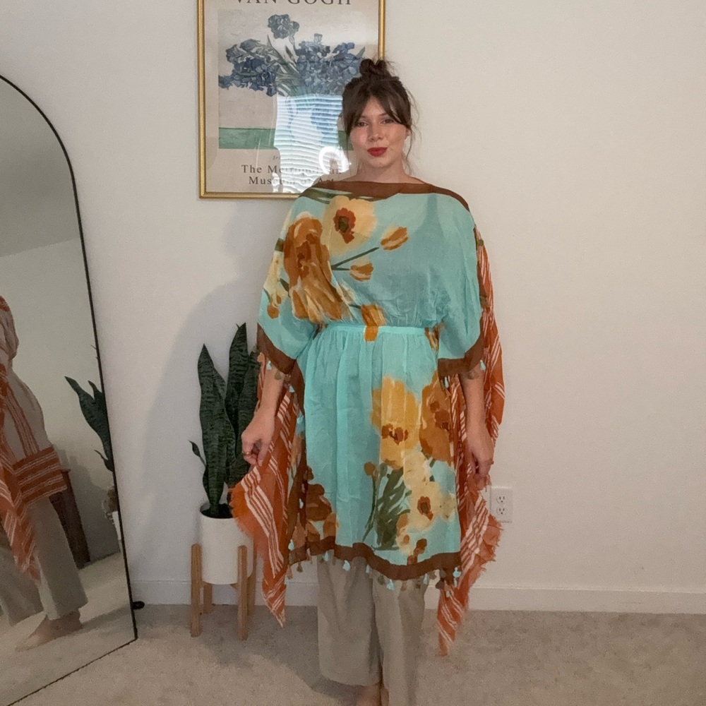 Aratta Floral Kimono Cover-Up Aqua Yellow Boho Resortwear One Size